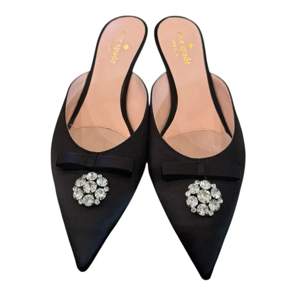 Kate Spade Women's Darlene Black Satin Jewelled Bow Kitten Heel Slide Mules 7.5